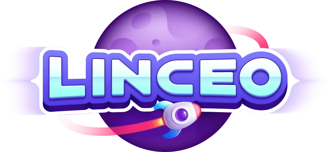 Space-inspired Linceo logo with rocket and asteroid elements